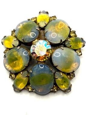 Vintage Blue & Chartreuse Art Glass Cabochon Brooch Aurora Borealis MCM Jewelry